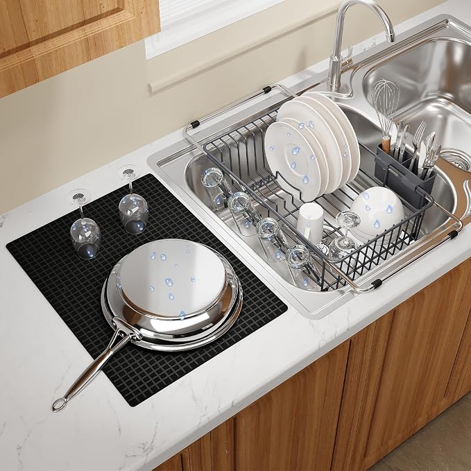 Green Dish Drying Rack Over The Sink with Utensil Holder, Mat | Expandable Stainless Steel Dish Drainer for Small Kitchen, Apartment, RV, Counter Space Saving, Perfect Fit, Rustproof by MAJALiS
