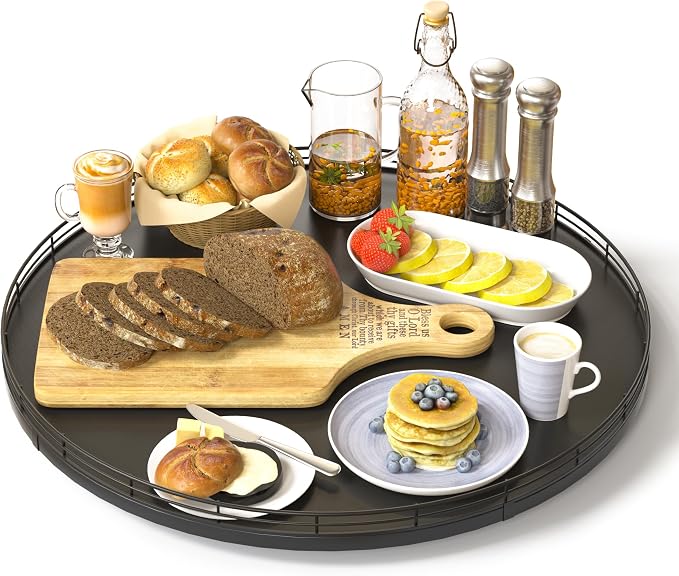 Oroyutor 16-Inch Oak Lazy Susan Organizer with Black Metal Rail | Rotating oak tray organizes spices, toiletries and decor on kitchen counters, bathroom vanities, dining and coffee tables. by Oroyutor
