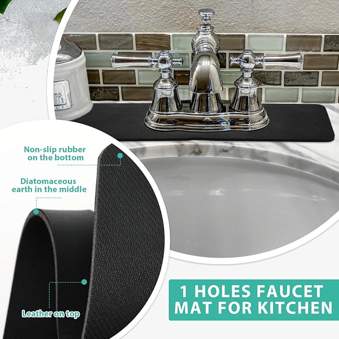 Tioncy 2 Pcs Faucet Mat Sink Splash Guard Oval-hole Oval Splash Pad for Kitchen Sink Oval Base Diatomite Faucet Mat for Bathroom Absorbent Mat Splatter Screens(Black) - Image 5