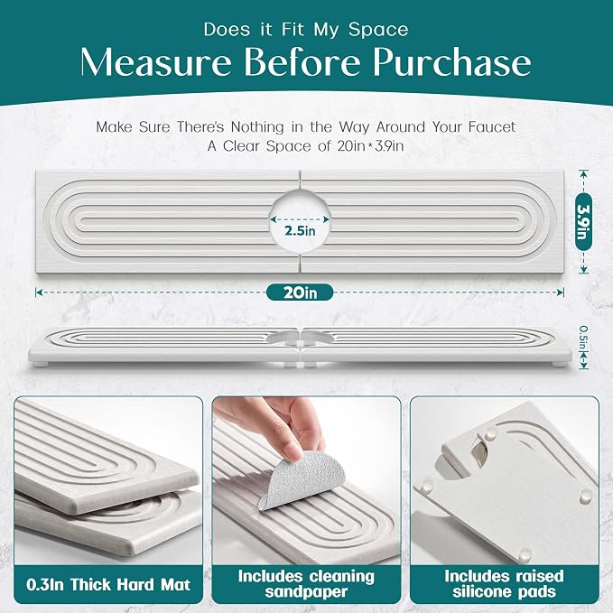 Stone Faucet Mat for Kitchen Sink – Diatomite Drying Stone Mat & Sink Protector, Prevents Moisture – Sink Splash Guard Water-Absorbing Stone Tray for Bathroom Counter (Light Grey, 20" x 3.9") - Image 2