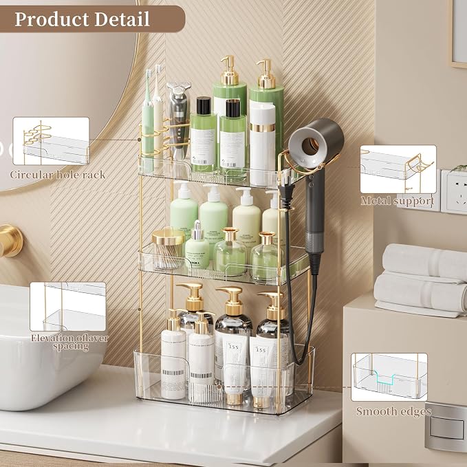 Akinbas 3 Tier Bathroom Organizer Countertop Makeup Perfume Tray Skincare Organizer Comes with Hair Dryer Rack and Toothbrush Holder for Bathroom Dresser Vanity (White) - Image 2