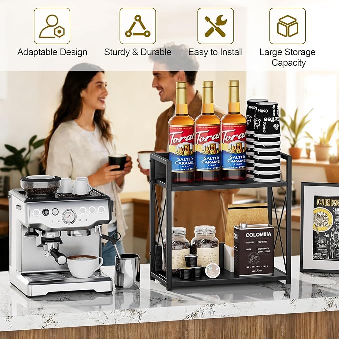 Giikin Kitchen Countertop Organizer, 2 Tier Coffee Bar Organizer, Black Spice Rack for Counter, Kitchen Counter Shelves, Particleboard,15.8" L x 7.9" W x 15.8" H (Black, L) - Image 2