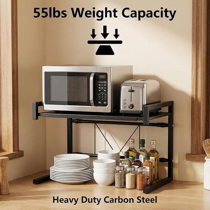 PUSDON Adjustable Carbon Steel Microwave Oven Rack, 2-Tier with 3 Hooks, 55lbs Weight Capacity, Black - Image 2