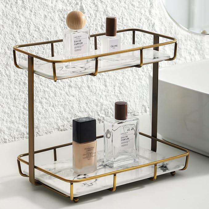 Bathroom Organizer Countertop Perfume Organizer Makeup Organizer Cosmetics Storage Display Rack Vanity Tray Dresser Stainless Steel Gold Shelf White Marble Ceramic Tray by Dobbyby