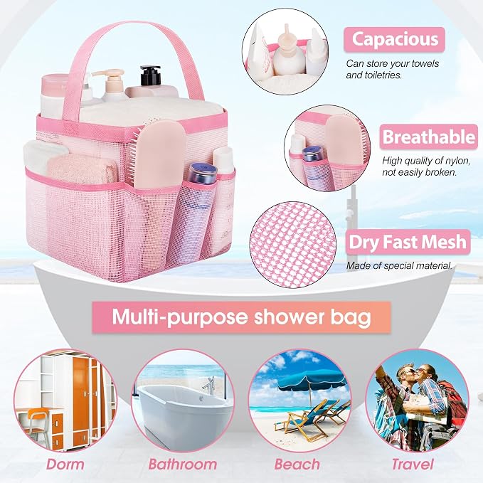 Mesh Shower Caddy Portable - 9 Pockets for College Dorm Room Essential | Large Capacity Mesh Shower Caddy with 9 Pockets, Portable Hanging Toiletry Bag for College Dorm, Gym, Camping and Beach - Image 2