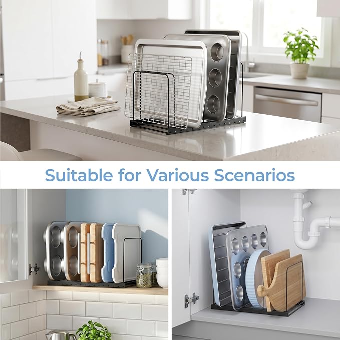 2 PC Cutting Board Organizer for Cabinet with 7 Adjustable Dividers | 7 adjustable dividers. Holds cutting boards, cookie sheets, baking trays and thin pans, Wire rack for cabinet or countertop - Image 5