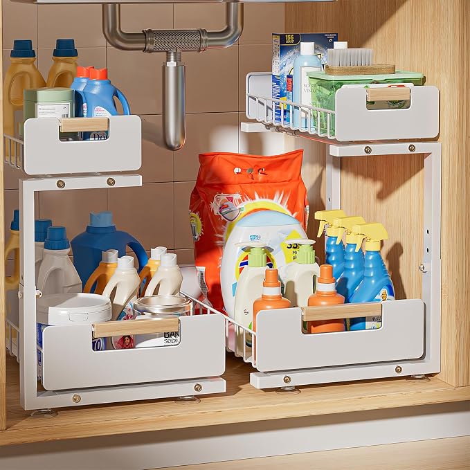 Delamu Under Sink Organizer Kitchen, 2-Tier Pull-Out Cabinet Shelf, 2-Pack | 2-Tier Smooth Slide, 5 Adjustable Heights, Anti-Tip Suction Cups, Sturdy Metal, For Kitchen Bathroom Pantry Laundry, White by DELAMU