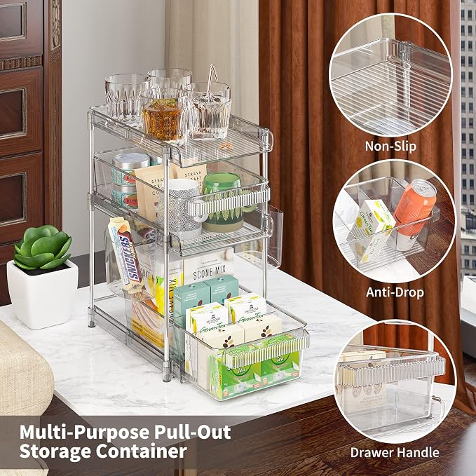 WAKISA 2Pcs Pull Out Organizer and Storage with Cups and Removable Dividers | Slide Out Drawer Storage Containers for Bathroom, Kitchen and Under-Sink Organization with 2 Cups and 6 Removable Dividers - Image 3
