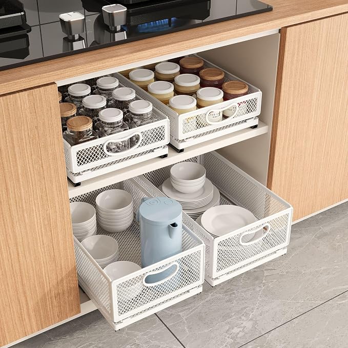 Sliding Cabinet Basket Organizer Drawer Self Adhesive Slide out Pantry Shelves Heavy Duty Carbon Steel Slide Cabinet Storage Basket with Handle for Bathroom Kitchen Home - Image 8