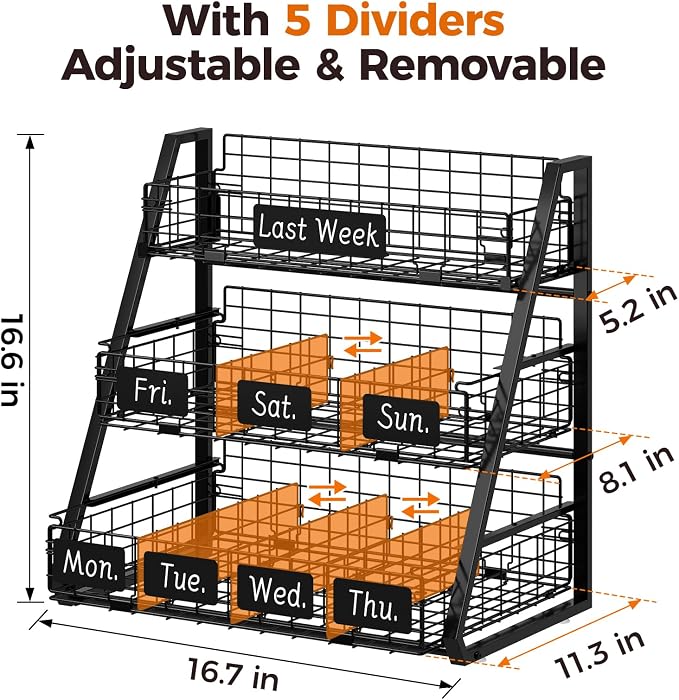 Egg Holder Countertop with 3 Pull-Out Tier Baskets, Black | Sturdy Metal Frame, 5 Adjustable Dividers,7 Date Tags, Egg Basket for Gathering Fresh Eggs, Chicken Coop Accessories - Image 4