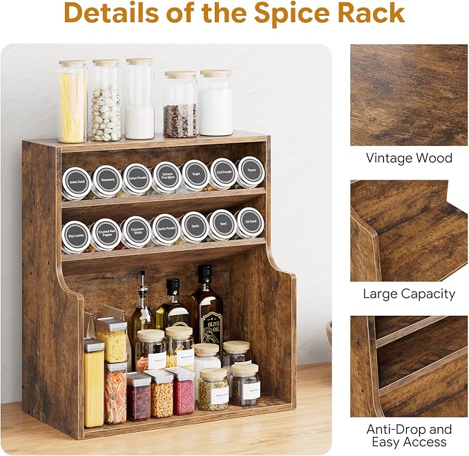 Simple Trending Spice Rack Organizer, 3 Tire Wood Kitchen Counter Spice Rack, Large Counter Seasoning Organizer Storage Shelf for Pantry, Kitchen, 7” W × 14.3” H, Brown - Image 4