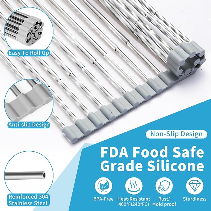 Expandable Roll-UP Dish Drying Rack-Large 304 Stainless Steel Dish Drainer Over The Sink for Kitchen Countertop,Extendable & Rollable & Food Grade (Silver,22.08'x 13.2') - Image 7