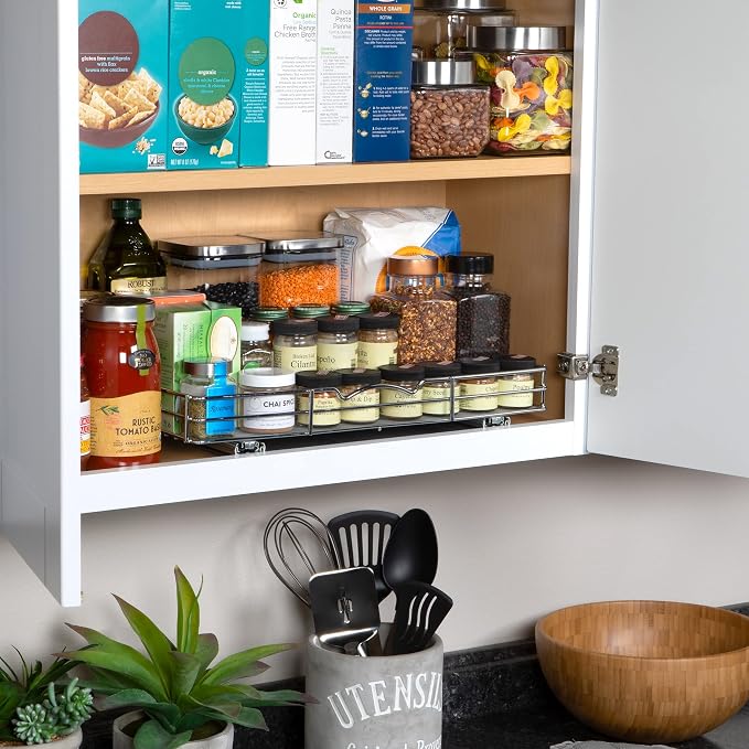 Pull-Out Cabinet Spice Rack Organizer, 18 ⅜"W x 10 ½"D x 2 ¾"H | Slim Slide-Out Storage for Spices, Bottles & Jars, Premium Heavy-Duty Steel, Easy Install for Narrow Kitchen Cabinets, Chrome - Image 9