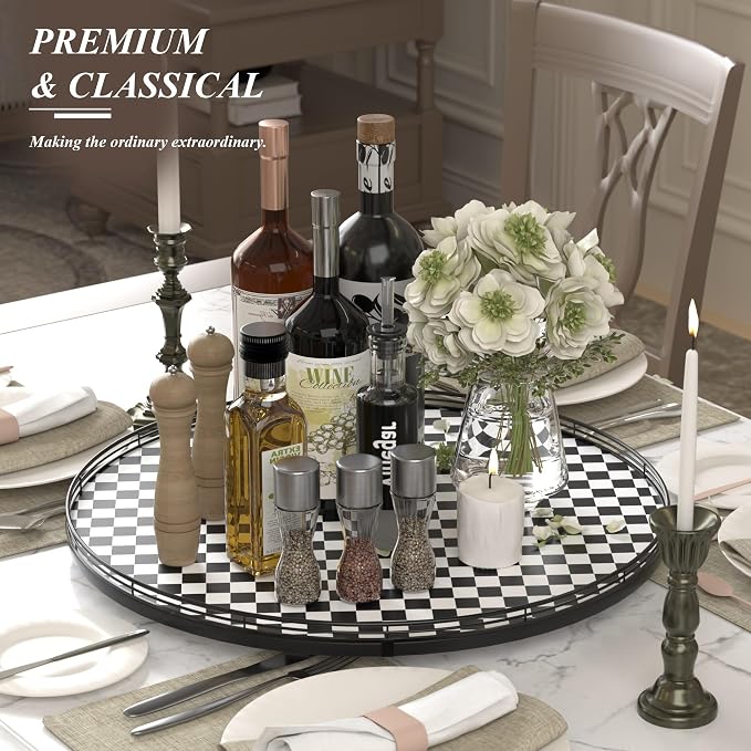 AMH 24-Inch Black and White Checkerboard Lazy Susan Decorative Tray | Smooth rotating oak tray with walnut finish for dining tables, kitchen counters, pantries and cabinet storage. - Image 3