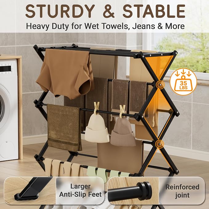 Foldable Clothes Drying Rack, Sleek Black for Modern Apartment | Sleek black for modern home, holds 35 lbs, rustproof carbon steel, indoor & outdoor, tool-free - Image 3