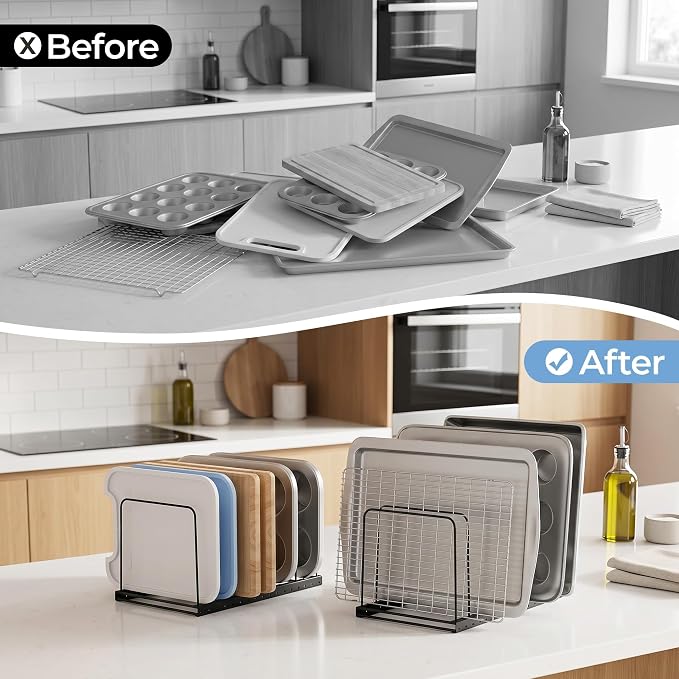 Cutting Board Organizer Rack for Cabinet with 7 Adjustable Dividers | 7 adjustable dividers. Holds cutting boards, cookie sheets, baking trays and thin pans, Wire rack for cabinet or countertop - Image 7