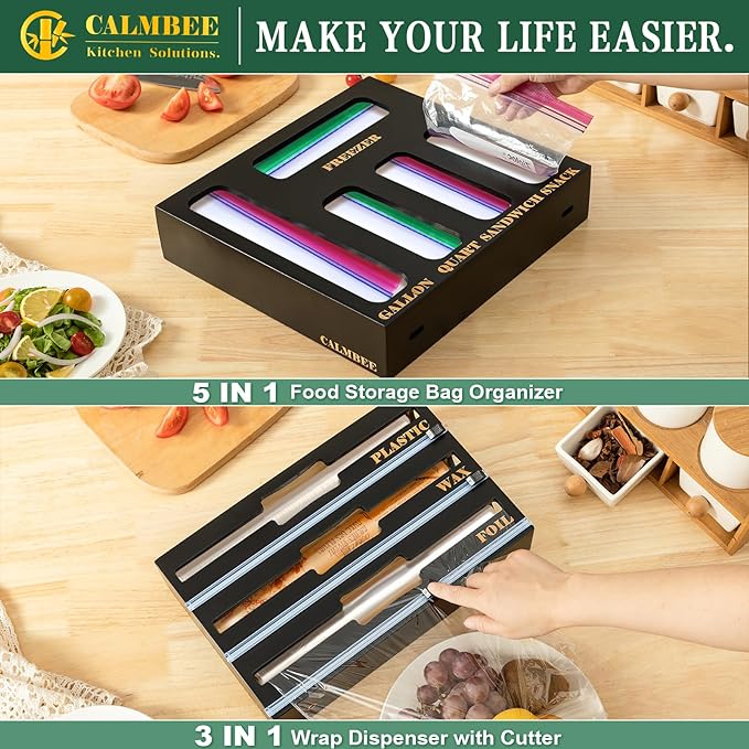 Calmbee 9 in 1 Bamboo Storage Bag Organizer for Kitchen Drawer – Plastic Wrap Dispenser with Cutter & Foil Organizer, Wooden Baggie Organizer for Sandwich, Snack, Gallon, Quart Sizes, Black - Image 5