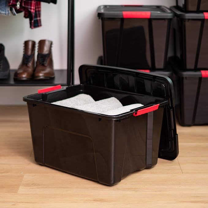 IRIS USA 6-Pack 40 Quart Storage Bins with Lids, Black | Black finish conceals stored items. Perfect for moving, blankets, clothing, and garage storage. Nestable design saves space - Image 5