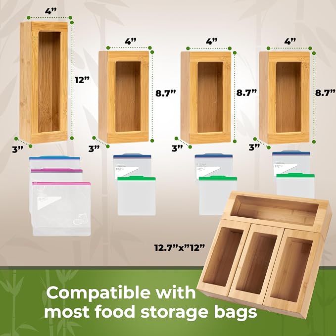 Bamboo Bag Organizer for Drawer, 4 Blocks, Plastic Bag Storage Holder | Kitchen organization with quick refill from the back; labels included; fits gallon, quart, sandwich and snack sizes - Image 3