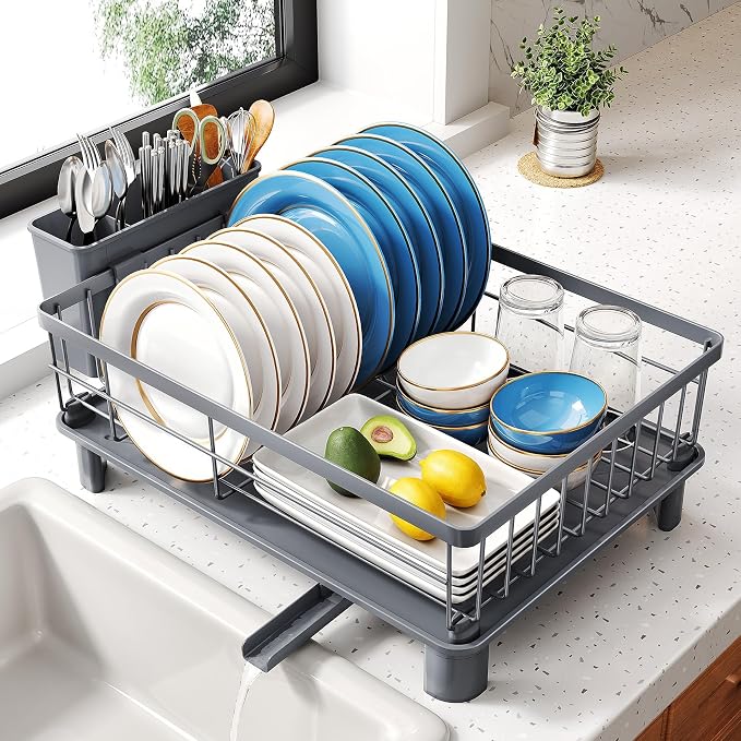 SNTD Dish Drying Rack for Small Kitchen Counter, 11" W x 15" L, Grey | Space Saving, Rotating Spout & Angled Drainboard for Quick Drainage, Stainless Steel, Removable Utensil Holder by SNTD