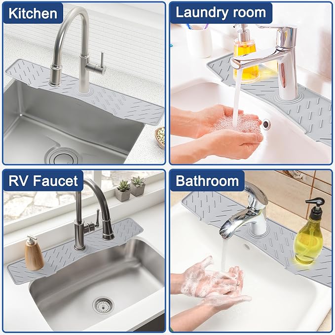 Faucet Mat for Kitchen Sink – 24” x 5.1” Extra-Long Silicone Splash Guard with 10° Slope & Upgraded Drainage – Gen 3 Sink Water Catcher & Sponge Holder for Kitchen, Bathroom (Gray) - Image 7