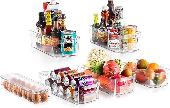 NutriChef Refrigerator Organizer Bins 6-Piece - Plastic Storage Bins with Egg Holder - For Fridge, Freezer, Kitchen, Cabinet, Countertops, Pantry - Stackable Food & Drink Containers, 14.5"x7" - Clear by NutriChef%E2%84%A2Kitchen