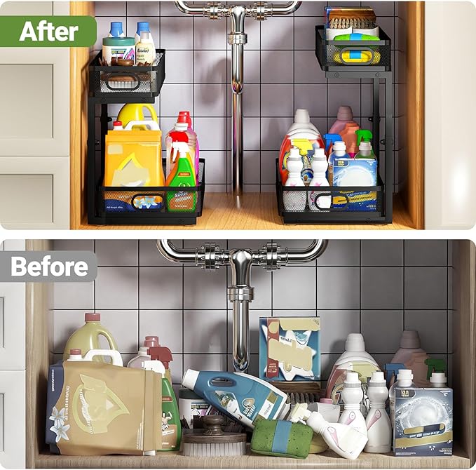 Under Sink Organizer 2-Pack, Metal 2-Tier Pull-Out Cabinet Shelf with Slide-Out Mesh Drawers, Height Adjustable, Space-Saving Under Sink Storage Racks for Kitchen, Bathroom, Laundry Room - Image 5