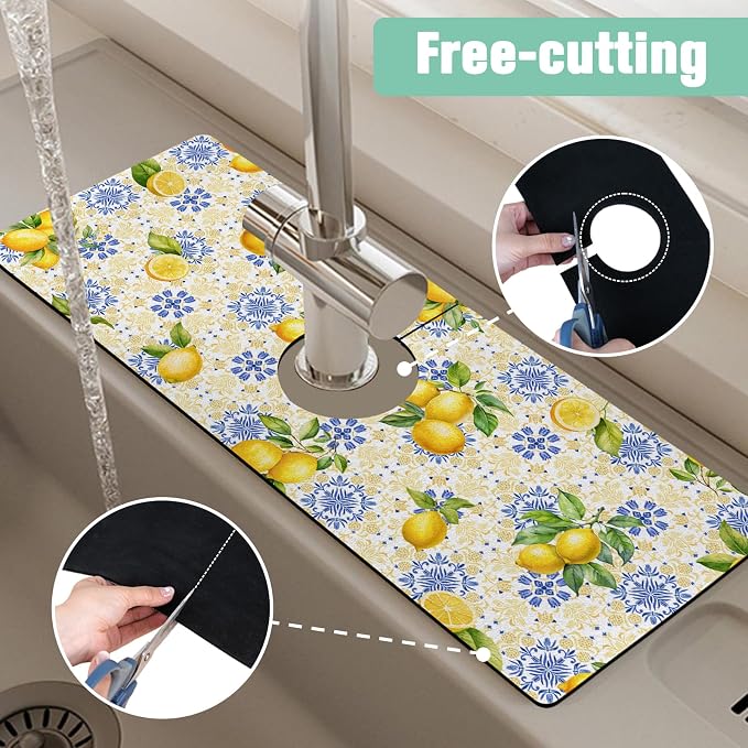 Kitchen Sink Splash Guard Faucet Mat 15" X 5.5" Lemon Absorbent Fast Drying Mat Faucet Draining Mat Sink Splash Guard Behind Faucet Drip Catcher for Kitchen Bathroom - Image 5
