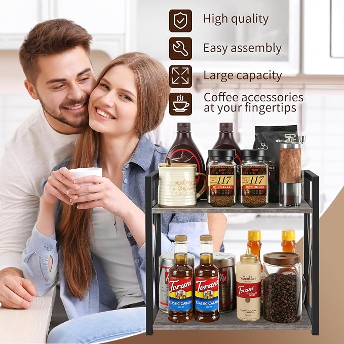YINMIT Kitchen Countertop Organizer,Spice Rack,Coffee Bar Shelf Organizer | 2-Tier Coffee Station,Seasoning Storage,Syrup,Mug Cup,Bottle Holder,Bathroom Vanity,Pantry,Bedroom and Office,Grey,Large - Image 7