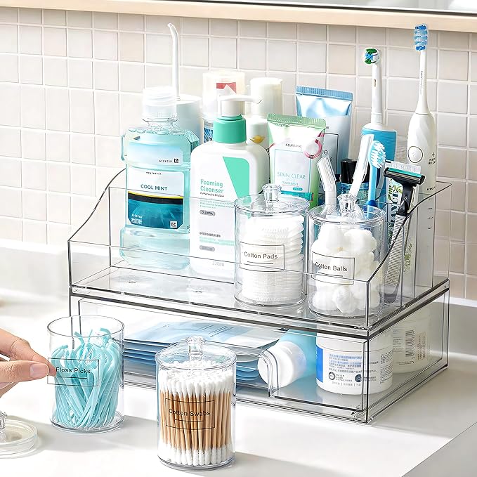 Vtopmart 6 PCS Bathroom Countertop Organizer Sets | 1 Divided Tray, 4 Qtip Holder Jars, 1 Drawers, Clear Organizers, For Toothbrush, Cotton Pads, Vanity Accessories by Vtopmart