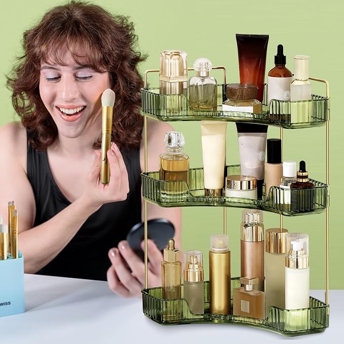 Corner Bathroom Counter Organizer Bathroom Countertop Shelf Makeup Organizer for Vanity Perfume Tray for Corner Storage (3 Tiers, Green) - Image 5