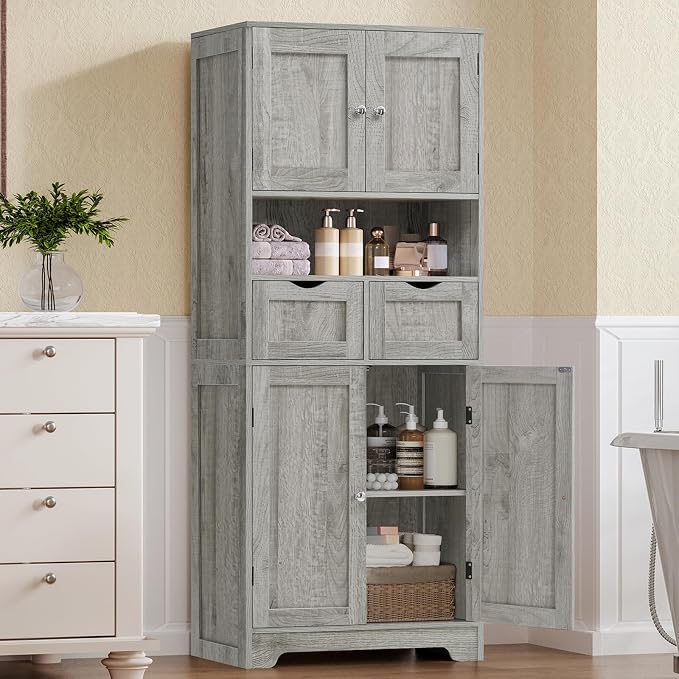 Iwell Tall Storage Cabinet with Adjustable Shelf, Bathroom Cabinet with 2 Drawers, Linen Cabinet for Living Room, Grey - Image 2