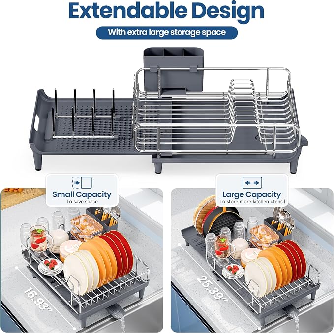 NTD Expandable Dish Drying Rack for Kitchen Counter, 16.7"-26.8", Gray | Large Multifunctional Dish Drainers, Anti-Rust, with Cutlery & Cup Holders, Self-Draining Drainboard, FIts for 4-5 People - Image 3