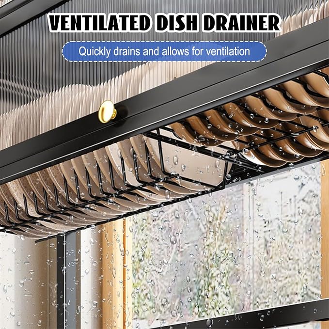 Over Sink Dish Drying Rack 2 Tier Stainless Steel Dish Drainer with Cover and Utensil Holders Large Capacity Space Saving Kitchen Organizer - Image 6