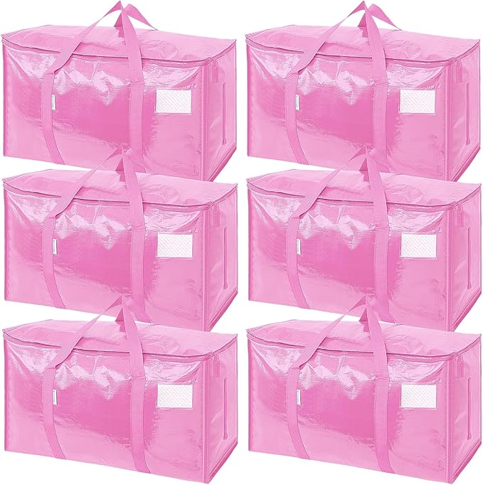 TICONN 6 Pack Extra Large Moving Bags Heavy Duty with Zippers & Carrying Handles, Durable Storage Bags Moving Boxes for Closet Organizers and Storage (6 Pack, Pink) by TICONN