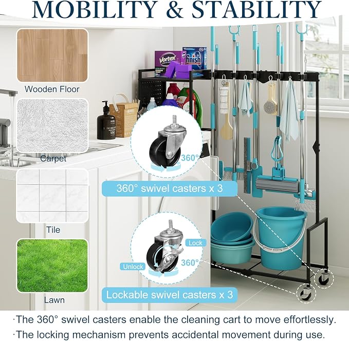 Broom Holder with Cleaning Supplies Organizer, Heavy Duty Janitorial Housekeeping Cart with Mop Clips & Hooks, Home Essentials Broom Closet Storage, Multifunctional Cleaning Cart for Laundry - Image 4