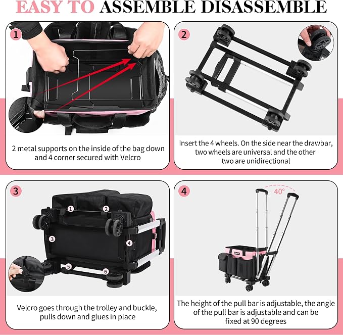 Chyaidach Rolling Cleaning Caddy, Cleaning Supplies Organizer with Trolley, Wearable Cleaning Tote Bag on Wheels with Hard Bottom, Cleaning Carts for Housekeepers/Home/Car/Office/Picnic (Pink) - Image 4