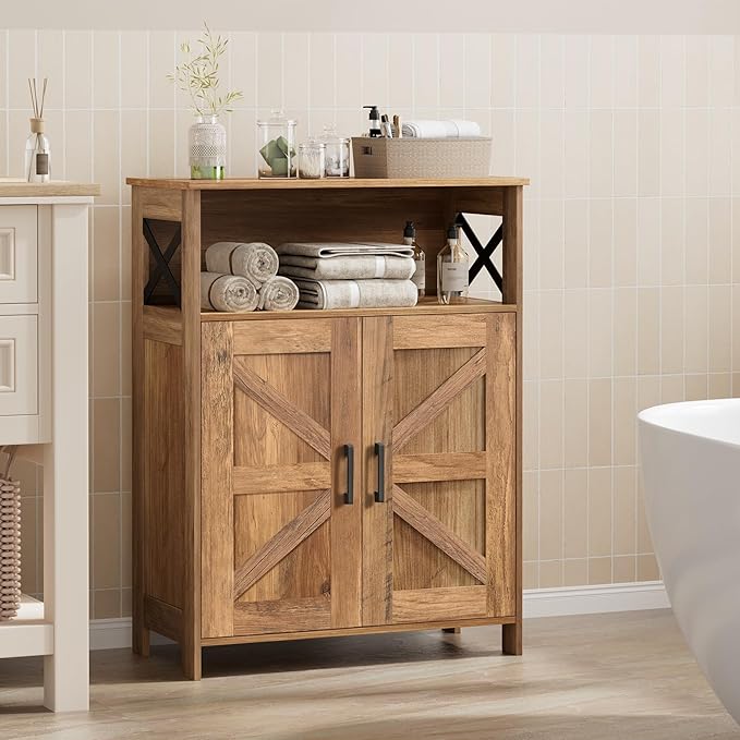 Homhedy Farmhouse Bathroom Storage Cabinet with Doors, Small Floor Cabinet | Toilet Paper Cabinet with Adjustable Shelf, Freestanding Storage Cabinet for Kitchen/Laundry/Living Room, 24"W, Rustic Walnut - Image 2