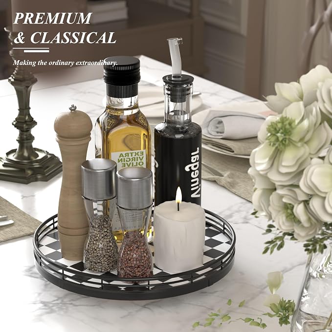 AMH 10-Inch Black and White Checkerboard Lazy Susan with Oak Base | Smooth rotating oak tray with walnut finish for dining tables, kitchen counters, pantries and cabinet storage. - Image 2
