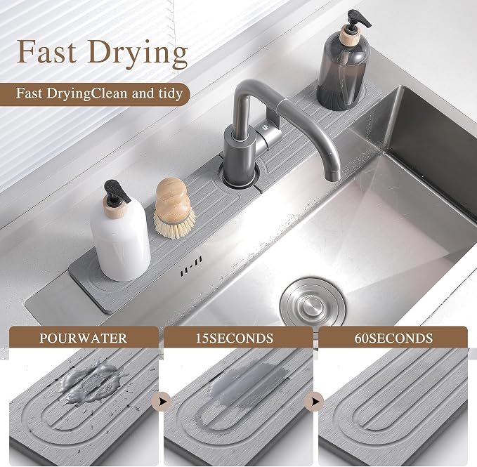 Diatomite Faucet Mat for Kitchen Sink, Quick-Dry Stone-Like Sink Mat, Flat Lay Absorbent Countertop Drying Mat for Faucet Area, Hard Diatomite Mat, Gray, 15.8 x 4 in - Image 2
