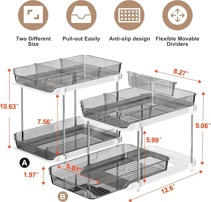Delamu 2-Tier Multi-Purpose Bathroom Under Sink Organizers and Storage, Stackable Kitchen Pantry Organization, Pull Out Medicine Cabinet Organizer with Movable Dividers, Black, 2 Pack - Image 2