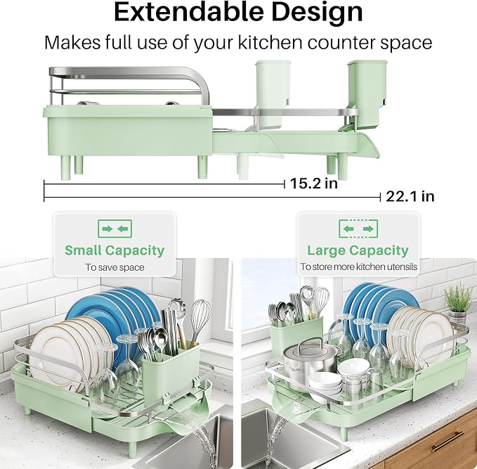 SNTD Expandable Dish Drying Rack for Kitchen Counter, 15.2-22.1 in, Green | Rust-Resistant Stainless Steel, Protective Side Rails, Self-Draining Drainboard, Removable Utensil Holder - Image 3