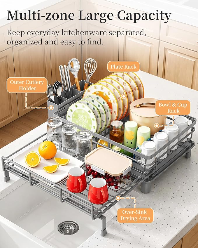 SAYZH Expandable Dish Drying Rack for Kitchen Counter, Metal, Grey | Foldable Over Sink, Large Capacity, Rust-Resistant, Adjustable for Most Sinks, Automatic Drainage, Removable Utensil Holder - Image 4