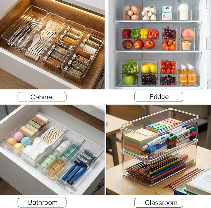 Hudgan 4 Packs Refrigerator Organizers and Storage, 4 Small Stackable Clear Plastic Bins for Pantry Organizer, Home Edit, Kitchen Cabinet, Fridge, Bathroom, Office, Drawer - Image 6