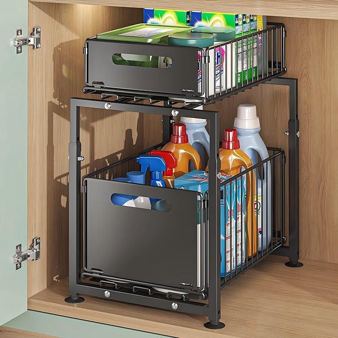 Under Sink Organizer, 2-Tier Multi-Use Kitchen and Bathroom Organizers and Storage, Slide Out Thickened Metal Under The Sink Organizer for Kitchen Bathroom Pantry (Style A Black, 2 Pack) - Image 7