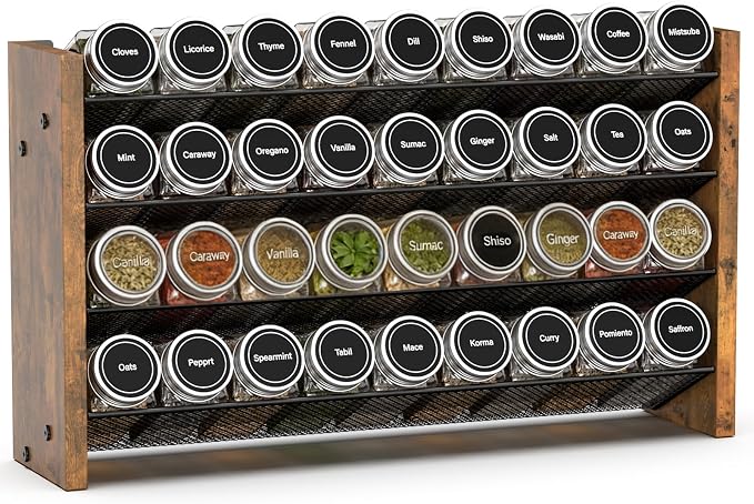 Spice Rack Organizer for Cabinet, Wood Countertop Shelf, No Jars Included | Holds 36 Standard 4 oz Jars, Fits Jars Under 1.8 in Wide, 4-Tier Kitchen Seasoning Organizer, Wall Mount, 17.2" W x 10.3" H by NESAPTO