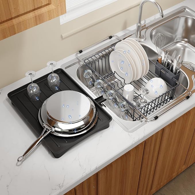 Grey Dish Drying Rack Over Sink with Utensil Holder, Drainboard | Expandable Stainless Steel Dish Drainer for Small Kitchen, Apartment, RV, Counter Space Saving, Perfect Fit, Rustproof by MAJALiS
