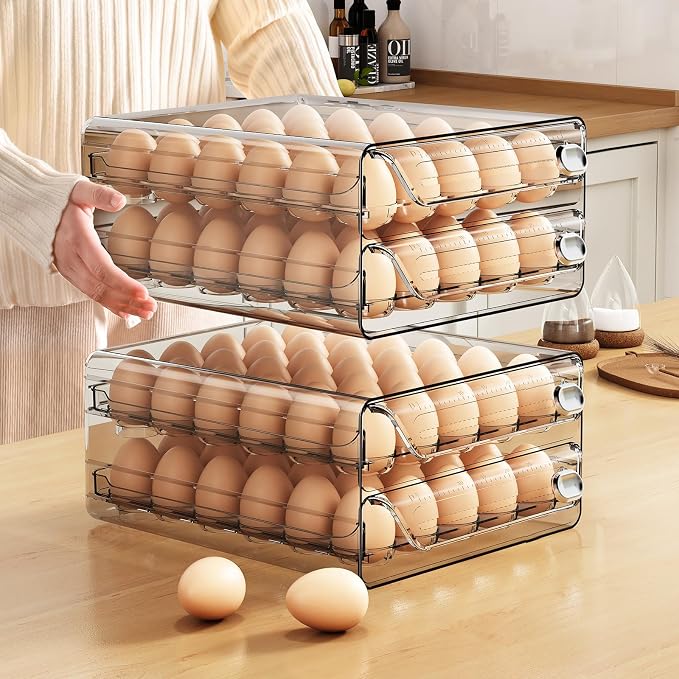 60 Eggs Organizer for Refrigerator, Large Egg Holder for Fridge, Clear Egg Container for Refrigerator, Stackable Egg Storage Trays for Countertop, Egg Drawer Dispenser, Egg Storage Container - Image 4