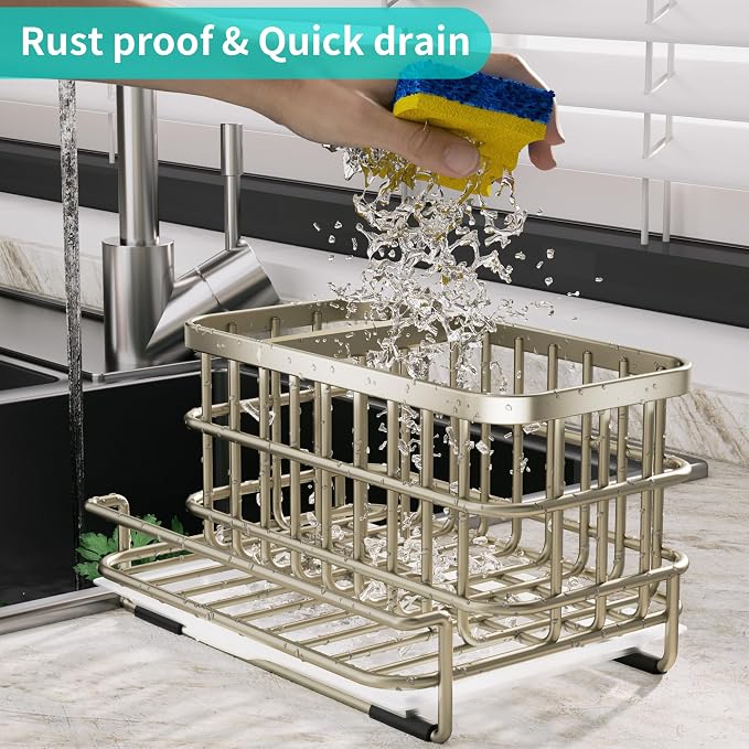 HapiRm Kitchen Sink Caddy Organizer - Versatile Sponge Holder with Drain Tray, SUS304 Stainless Steel Rustproof Kitchen Sink Organizer Storage for Countertop- Brushed Nickel - Image 2