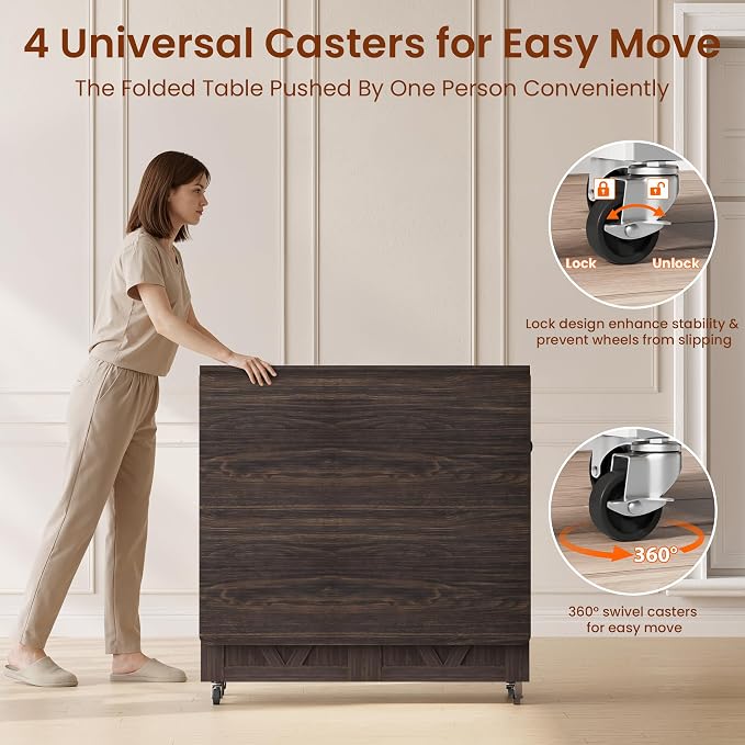 Jocoevol Folding Dining Table for Small Spaces, Space Saving Foldable Kitchen Table with Drawer & 2-Tier Storage Shelf, Rolling Expandable Dining Table with Wheels, Farmhouse, Dark Walnut - Image 5